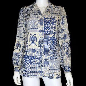 Vintage Devon 70s Atomic Funky Geometric Op-Art Disco Mod Polyester Shirt Small